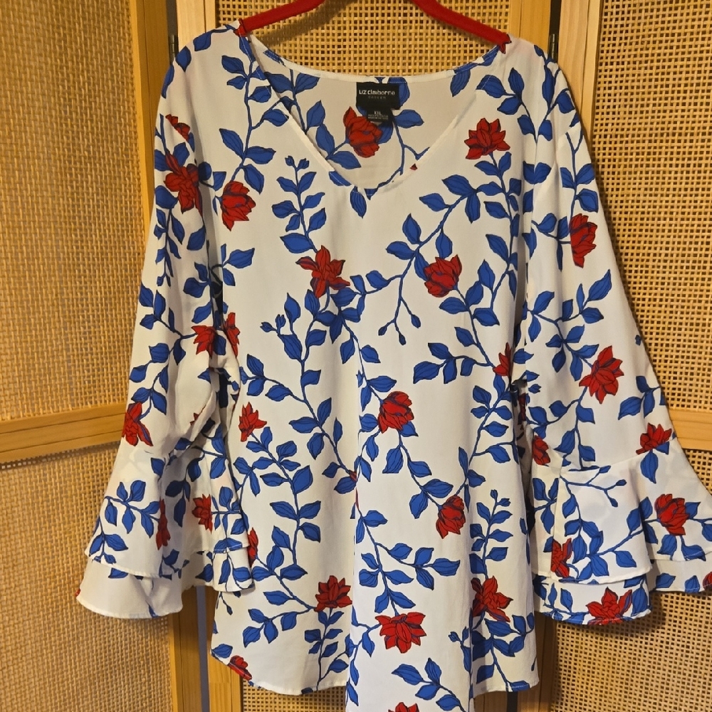 Liz Claiborne Career XXL Bell Sleeve Top White Red & Blue Floral Print Blouse